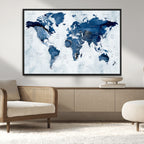 Modern Blue World Map Canvas Print | Elegant Travel Map Wall Art for Home Office