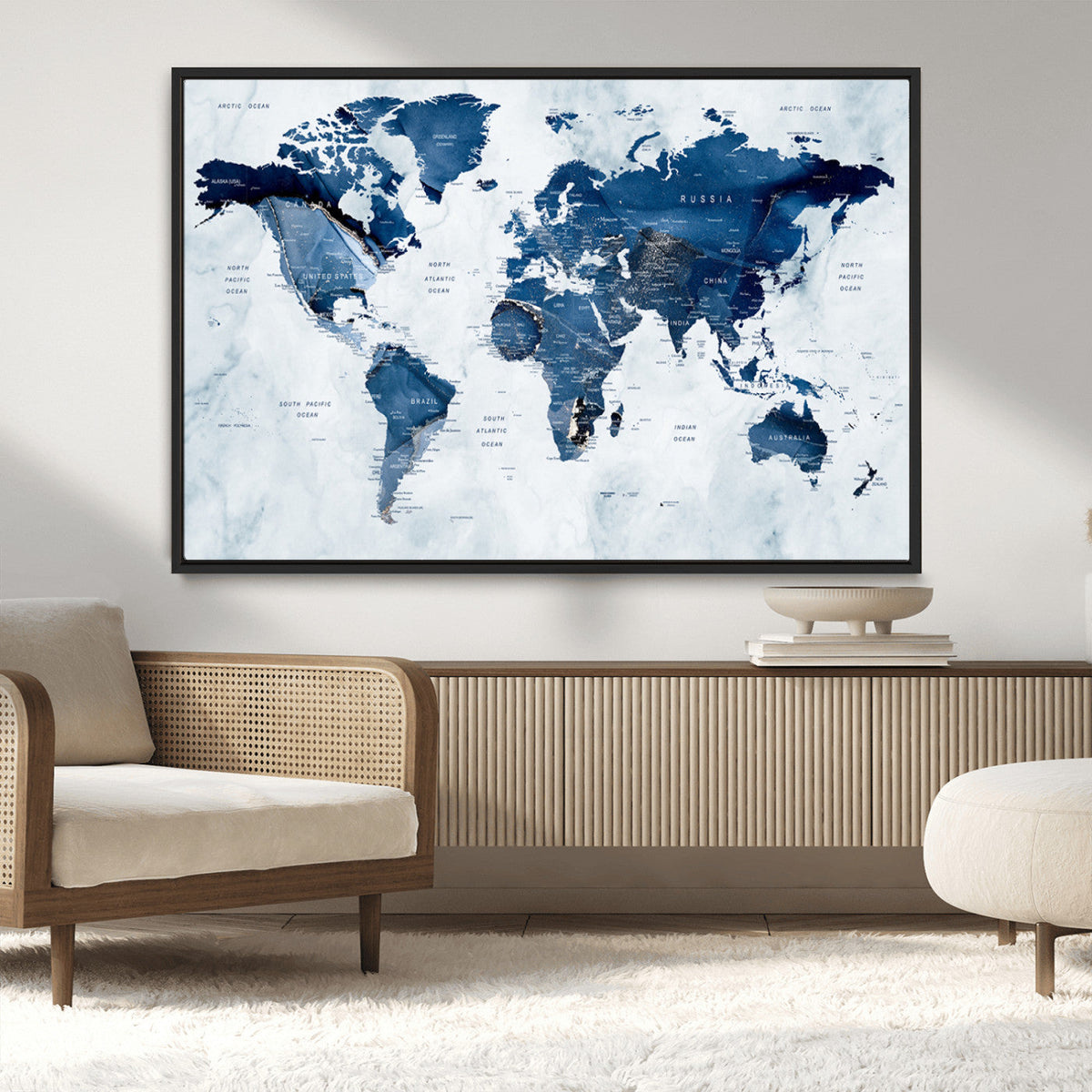 Modern Blue World Map Canvas Print | Elegant Travel Map Wall Art for Home Office