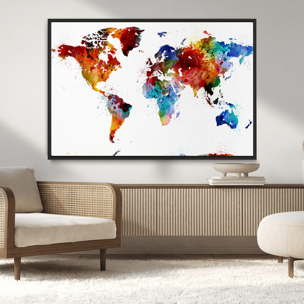 Colorful World Map Canvas Wall Art Print, Contemporary Global Map Artwork