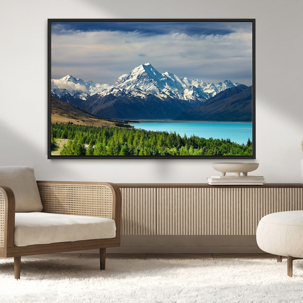 Mount Cook and Lake Pukaki Canvas Wall Art Print | Majestic Snow Capped Peaks
