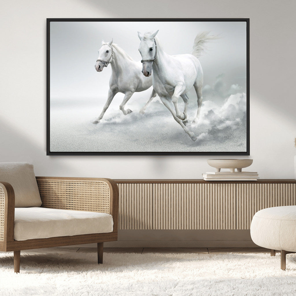 Large Wall Art Canvas Print, Beautiful Running White Horses