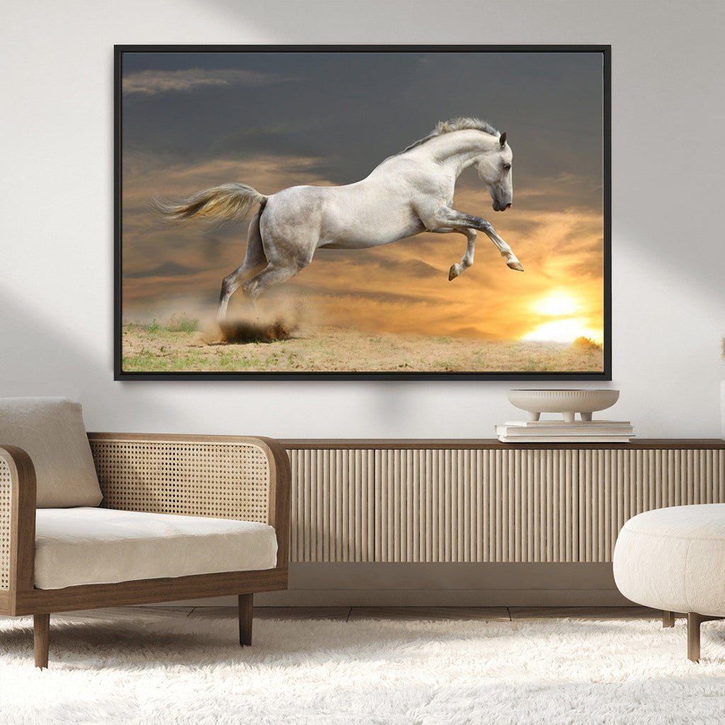 Large Wall Art Canvas Print, White Jumping Horse at Sunset