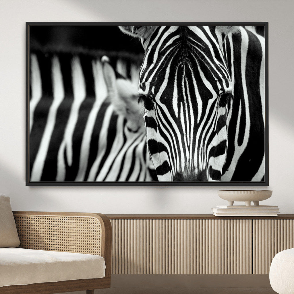 Zebra Wall Art | Zebra Close Up Canvas Print | Framed Black and White Wildlife