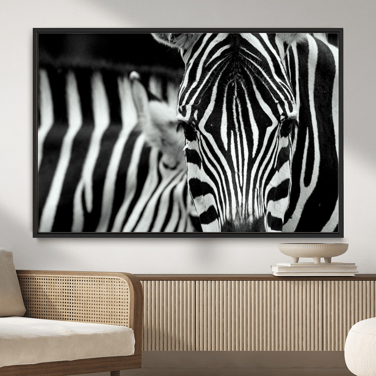 Zebra Wall Art | Zebra Close Up Canvas Print | Framed Black and White Wildlife