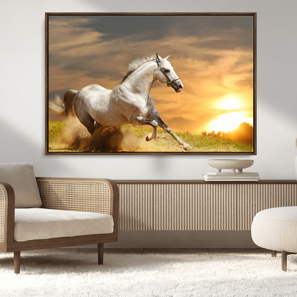 Large Wall Art Galloping White Horse at Sunset Canvas Print