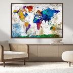 Navy Blue and Orange Watercolor World Map Canvas Print | Framed Travel Map