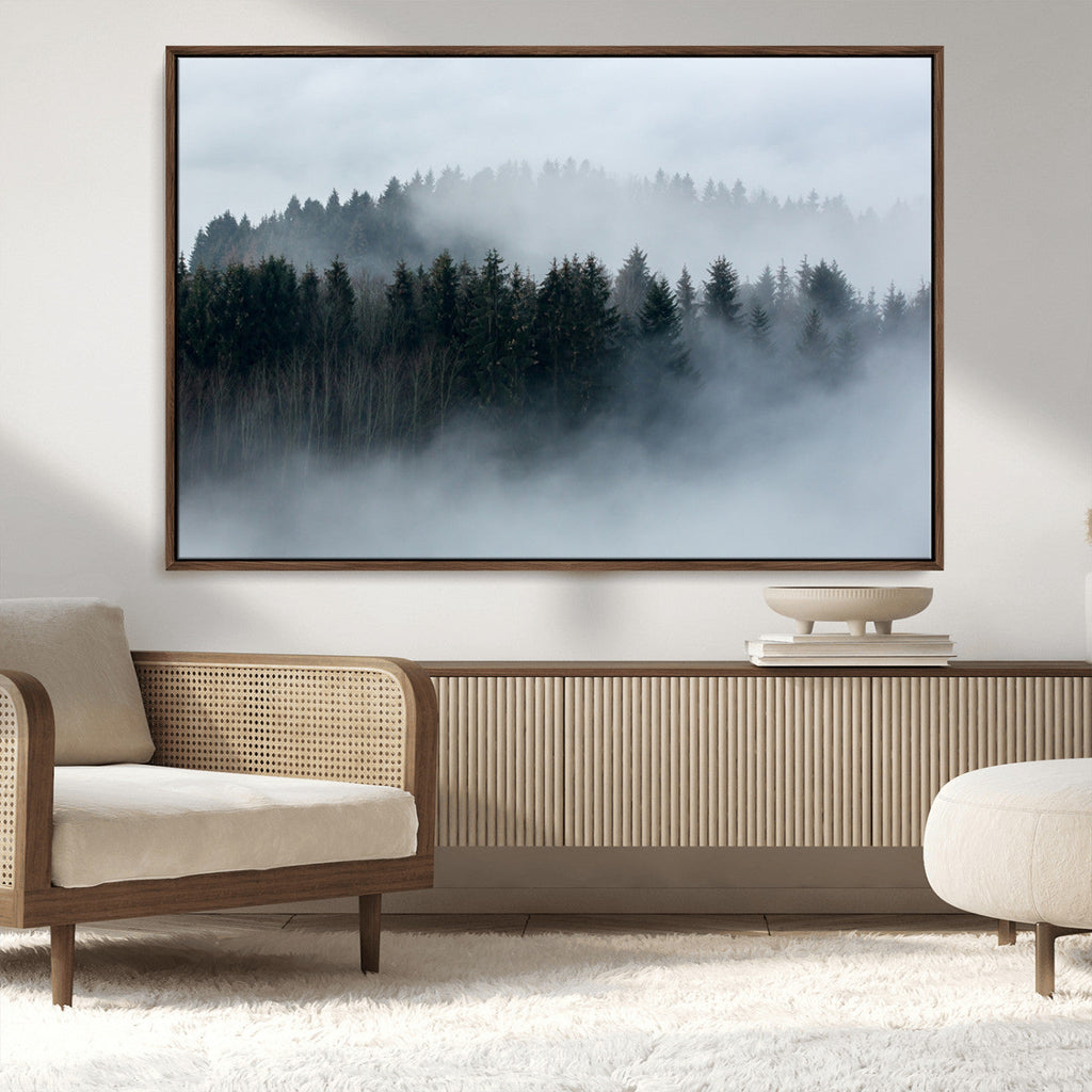 Autumn and Misty Trees in the Forest Wall Art Canvas Print, Foggy Forest Mountain Wall Art