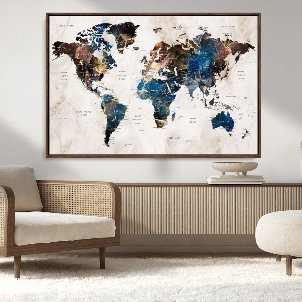 Abstract Earth Tone Blue World Map Canvas Print | Framed Travel Map Wall Art