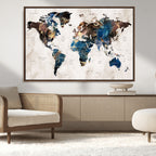 Abstract Earth Tone Blue World Map Canvas Print | Framed Travel Map Wall Art