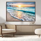 Sunset Beach Waves Canvas Wall Art | Ocean Sunset Coastal Print