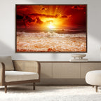 Red Sunset Ocean Beach Canvas Wall Art, Coastal Sunset Print