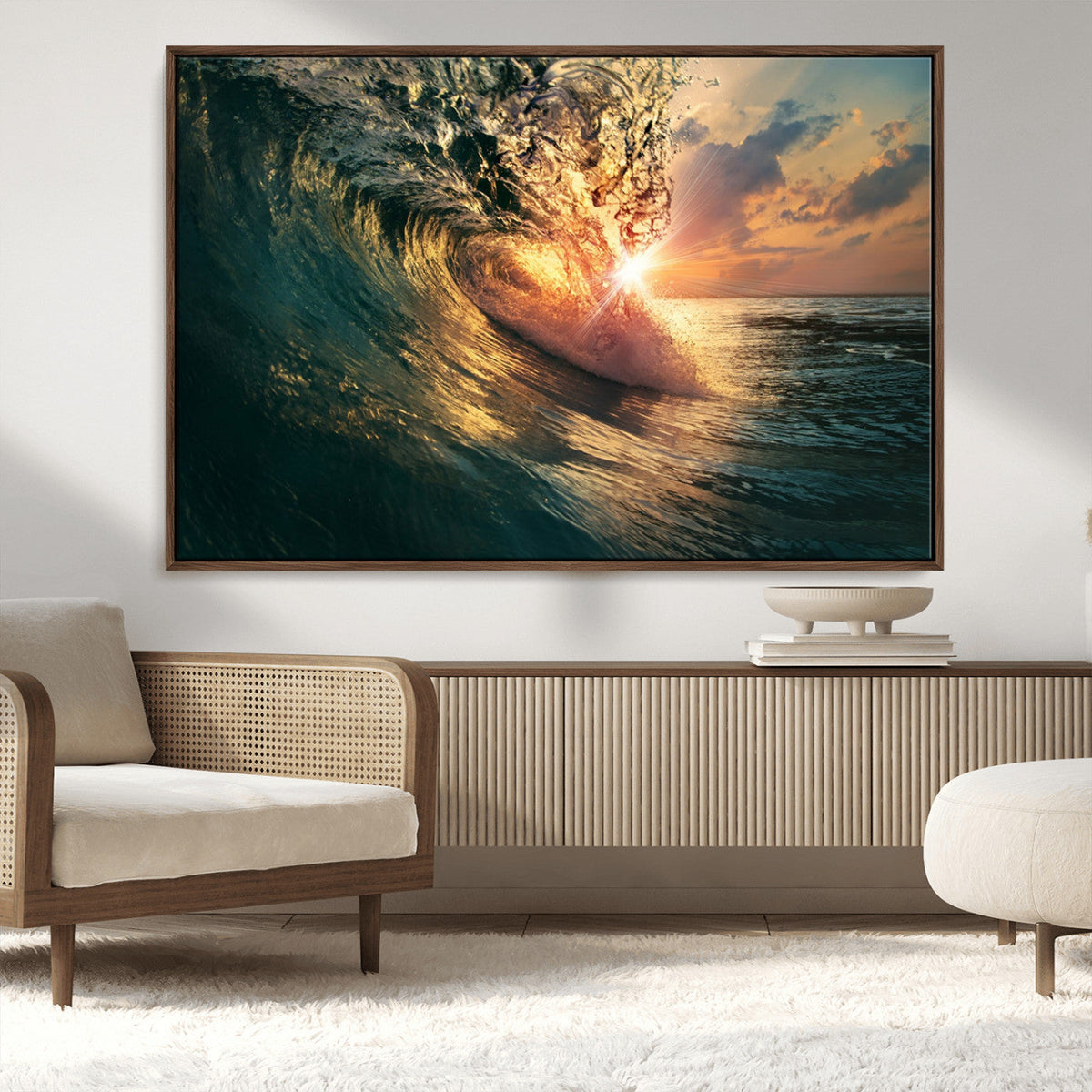 Ocean Wave Sunset Canvas Wall Art | Triptych Seascape Print