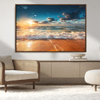 Golden Sunset Beach Triptych Canvas Art, Giclee Coastal Wall Decor, Ocean Waves Print