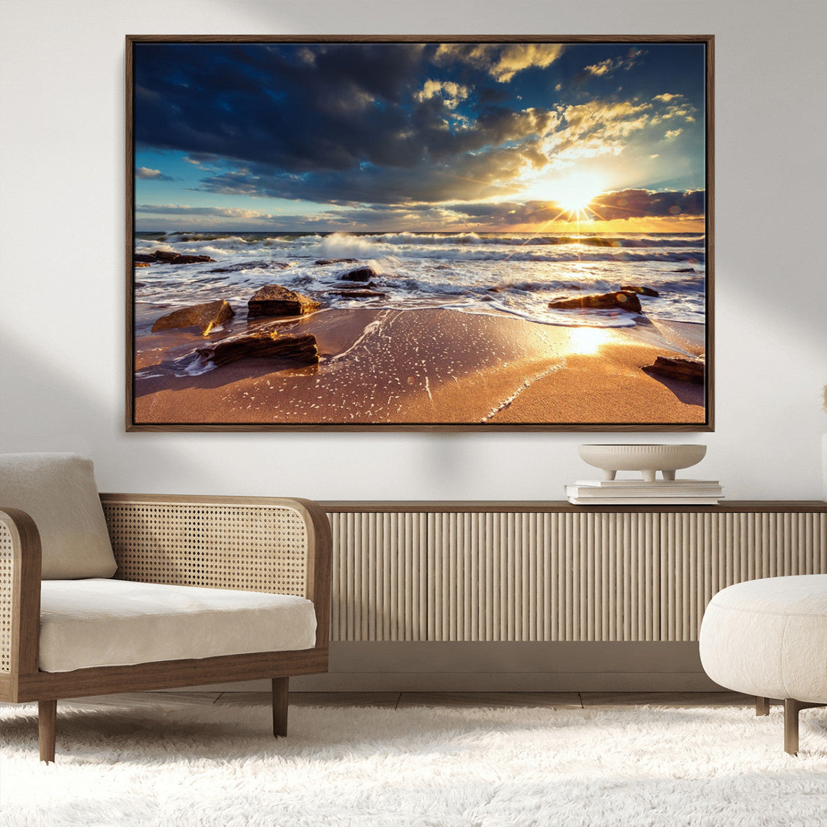 Golden Hour Beach Sunset Canvas Triptych, Ocean Waves and Rocks Wall Art
