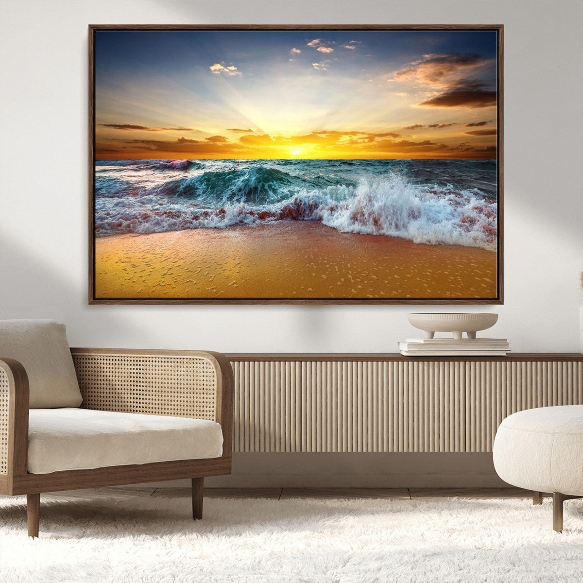 Golden Sunset Ocean Waves Wall Art Canvas Print | Multi Panel Beach Canvas Set, Coastal Triptych