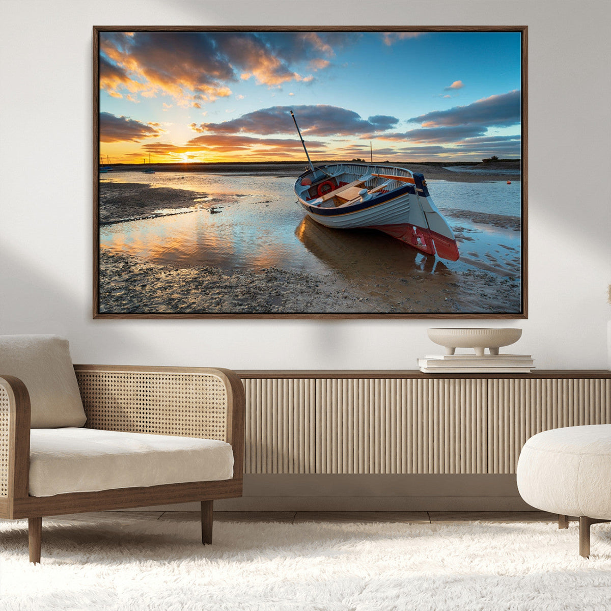 Small Boat At The Beach Sunset Wall Art, Boat Sunset Wall Art Canvas Print