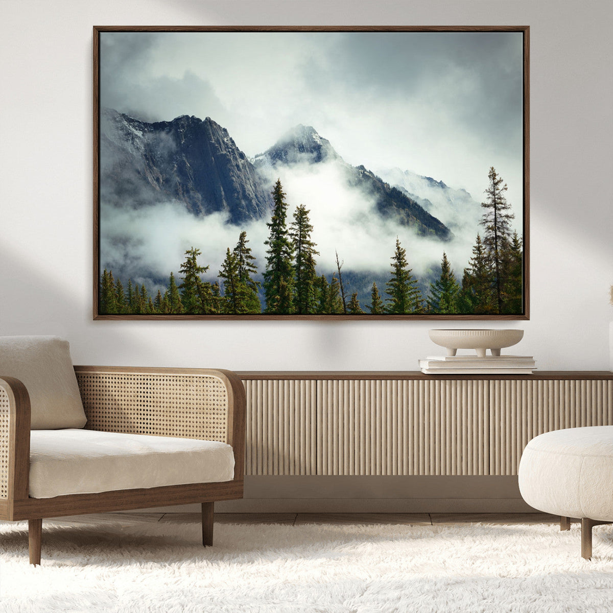 Mountain Mist Canvas Wall Art Print | 3-Panel Foggy Forest and Mountain Landscape