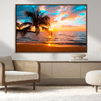 Palm Tree Sunset On The Beach Wall Art Canvas, Framed Palm Tree Sunset Canvas Print