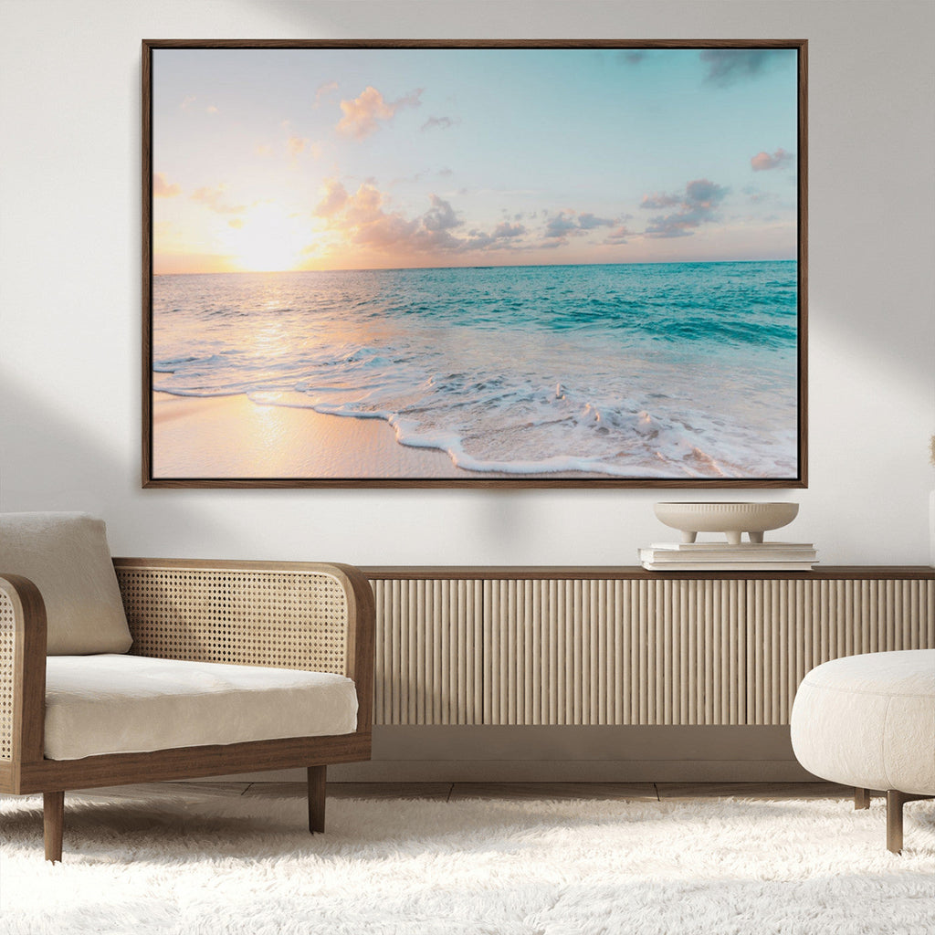 Tranquil Ocean Beach Sunset Canvas Wall Art | 3-Panel Coastal Decor