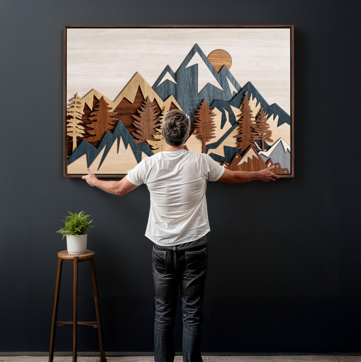 Rustic Abstract Wood Panel Effect Canvas | Mountain Range Top Wood Wall Art Canvas Print