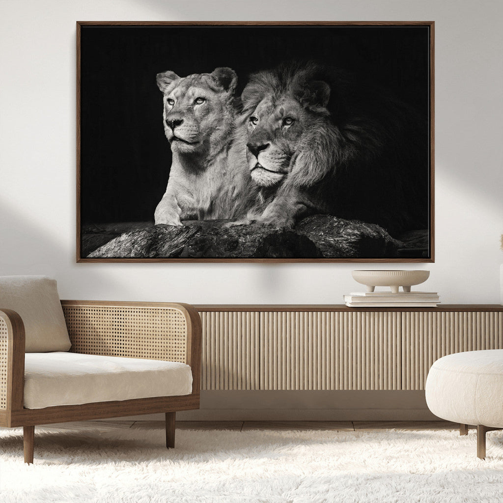 Lion Couple Wall Art Canvas Print, Elegant Black and White Wildlife Portrait