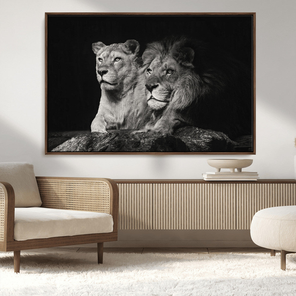 Lion Couple Wall Art Canvas Print, Elegant Black and White Wildlife Portrait