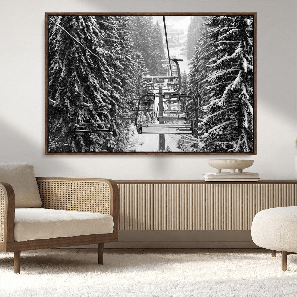 Winter Ski Lift Black and White Canvas Wall Art | Alpine Escape in Minimalist Style