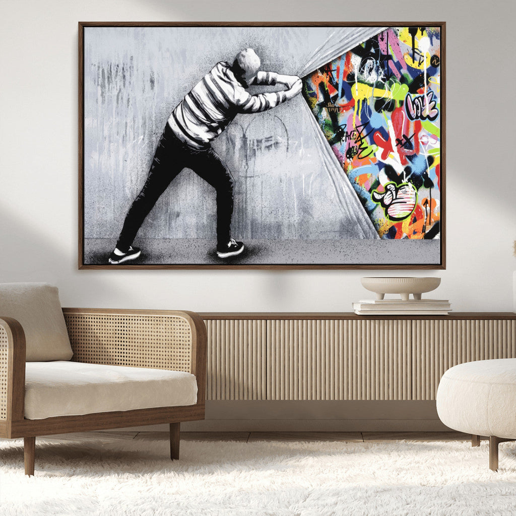 Banksy Art Behind the Curtain Street Wall Art Canvas Print | Urban Graffiti Style Wall Decor