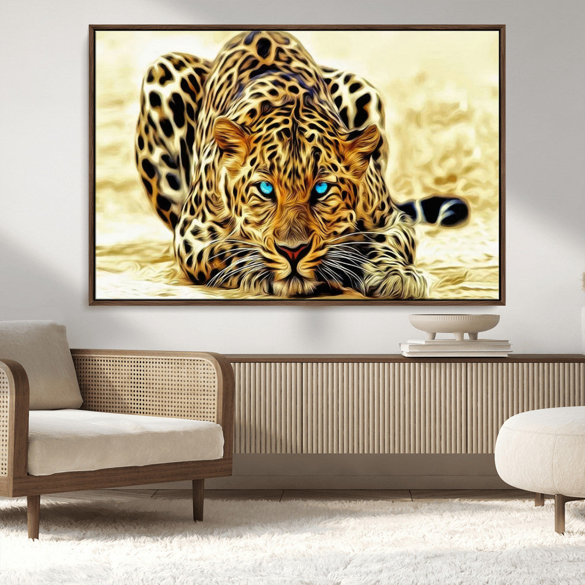 Blue-Eyed Leopard Canvas Wall Art, Framed Animal Print, Fierce and Bold Decor for Living Rooms