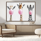 Bubblegum Animals Canvas Wall Art, Playful Giraffe and Zebra Trio, Whimsical Nursery and Kids Room Decor