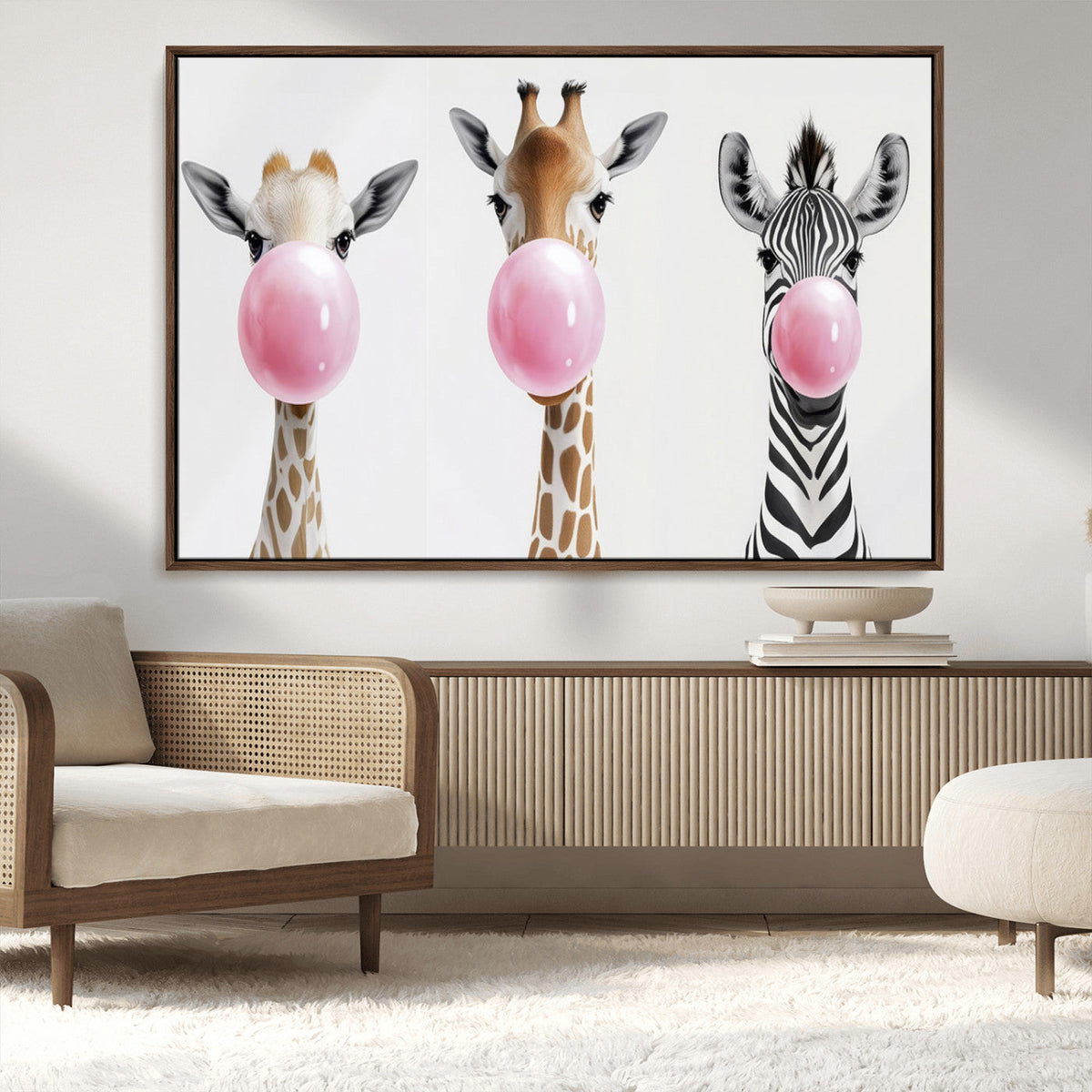 Bubblegum Animals Canvas Wall Art, Playful Giraffe and Zebra Trio, Whimsical Nursery and Kids Room Decor