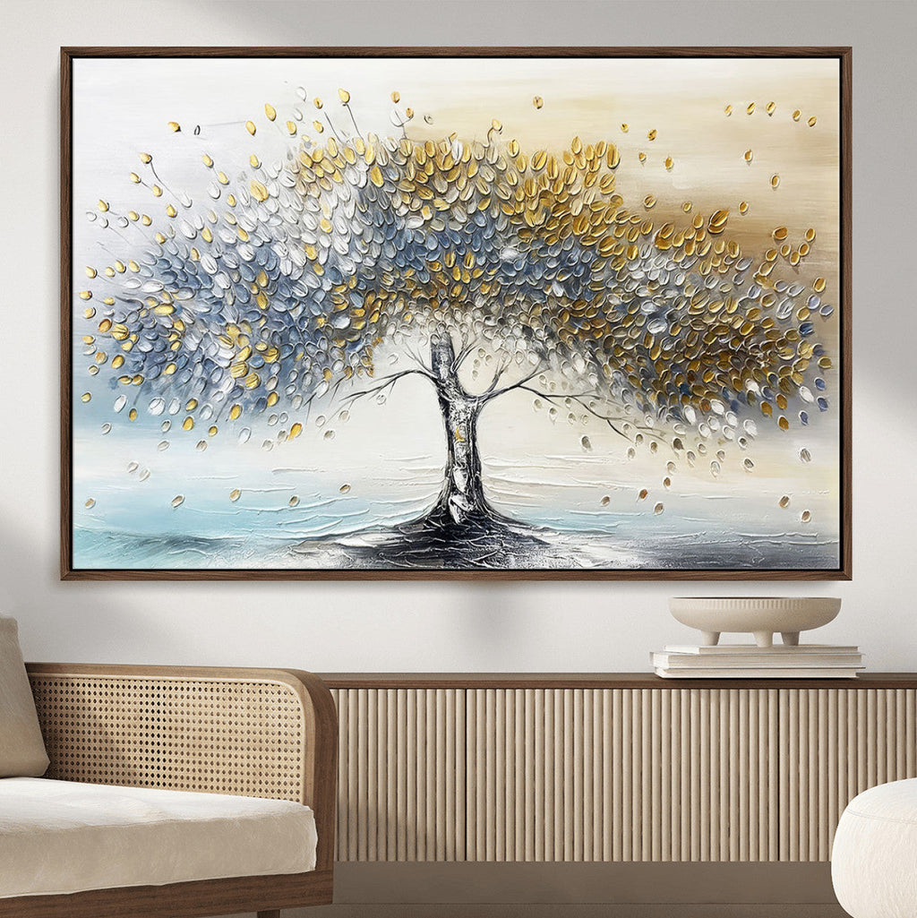 Golden and Silver Tree Wall Art | Framed Elegant Leaves Canvas