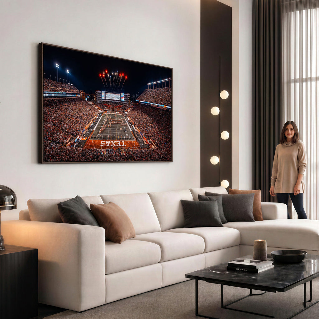 Texas Stadium Night Game Wall Art Canvas Print, Vibrant Football Fireworks Scene