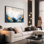 Abstract Blue and Gold Clouds Wall Art Canvas Print, Framed Modern Landscape Artwork