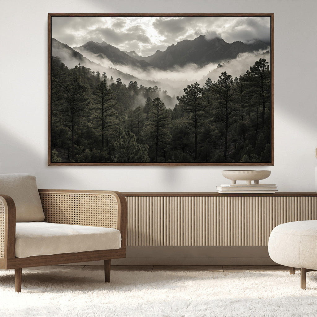 Moody Forest Wall Art | Framed Mountain Fog Canvas Artwork
