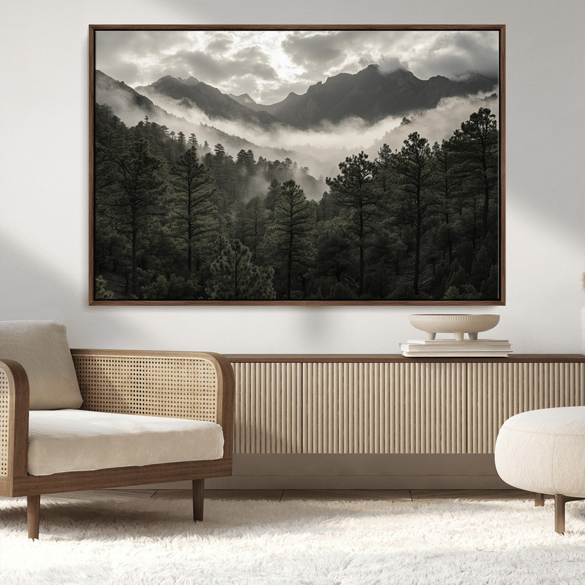 Moody Forest Wall Art | Framed Mountain Fog Canvas Artwork
