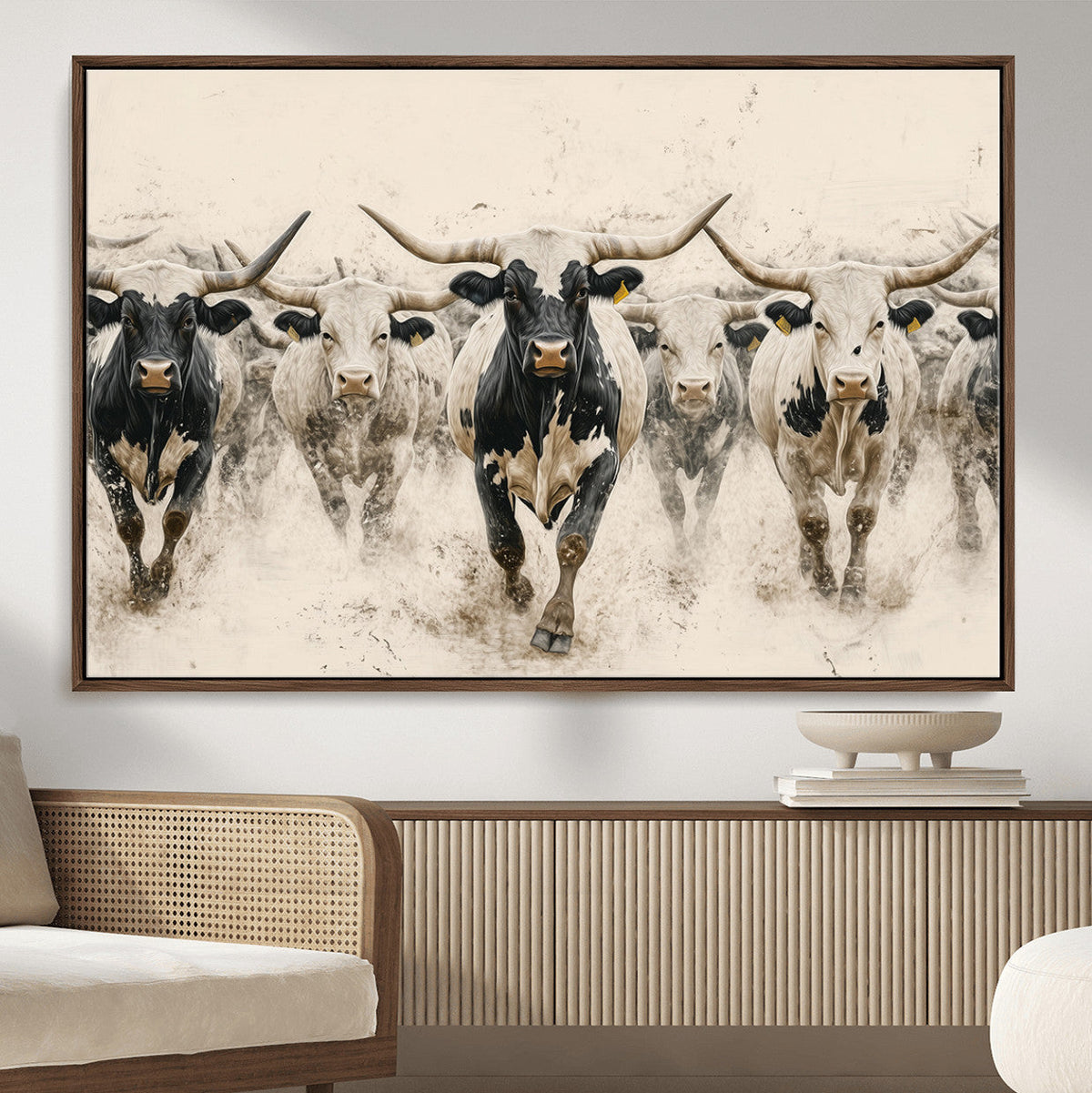 Texas Longhorn Wall Art | Framed Cattle Walking Canvas
