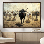Texas Longhorn Wall Art | Framed Charging Cattle Canvas