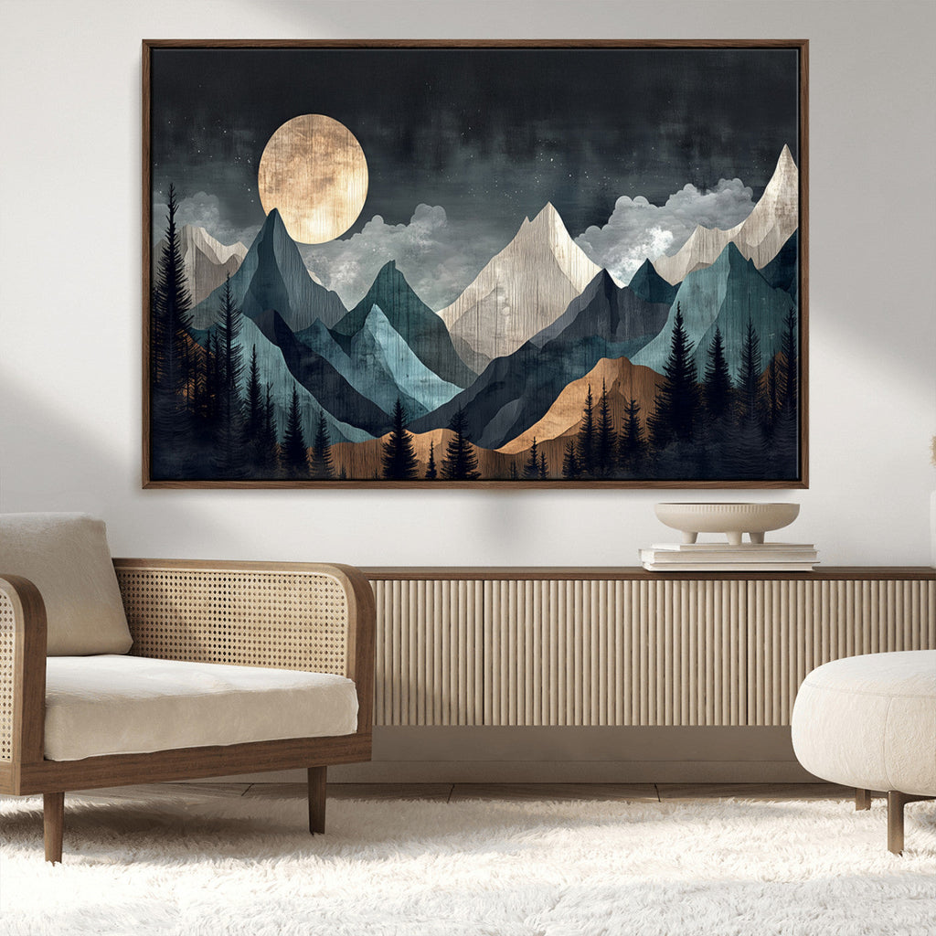 Moonlit Mountain Wall Art Canvas Print, Framed Silhouetted Pines Art, Layered Peaks Rustic Decor
