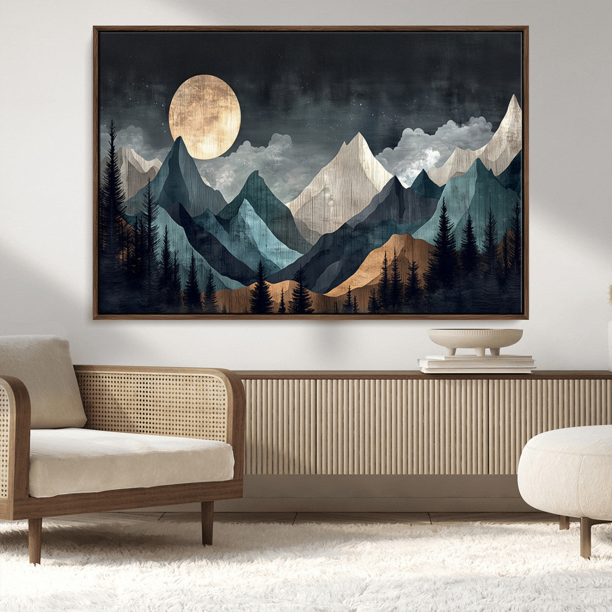 Moonlit Mountain Wall Art Canvas Print, Framed Silhouetted Pines Art, Layered Peaks Rustic Decor