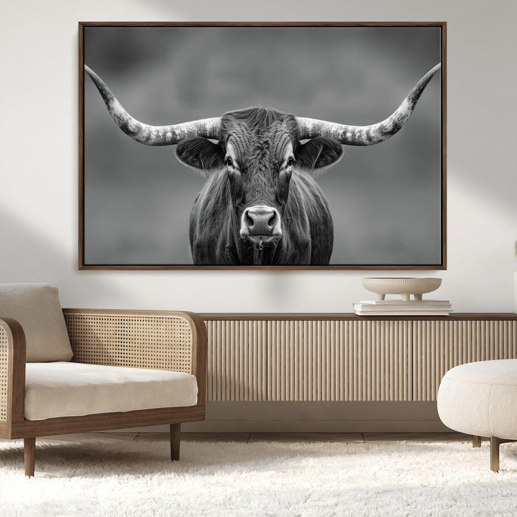 Texas Longhorn Wall Art Canvas Print, Framed Western Bull Photography, Rustic Log Cabin Decor