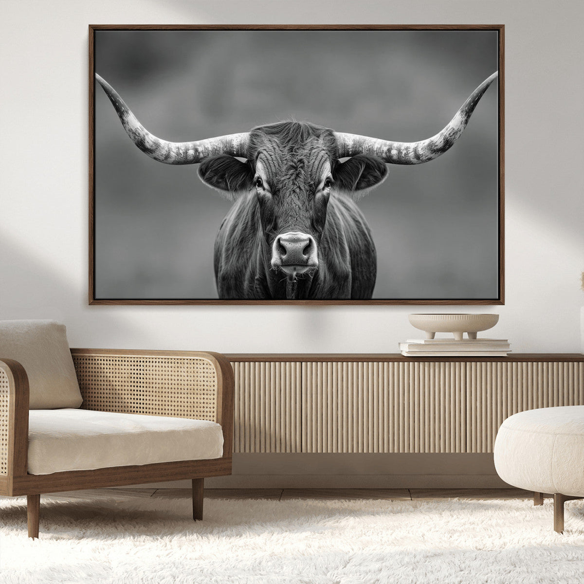 Texas Longhorn Wall Art Canvas Print, Framed Western Bull Photography, Rustic Log Cabin Decor