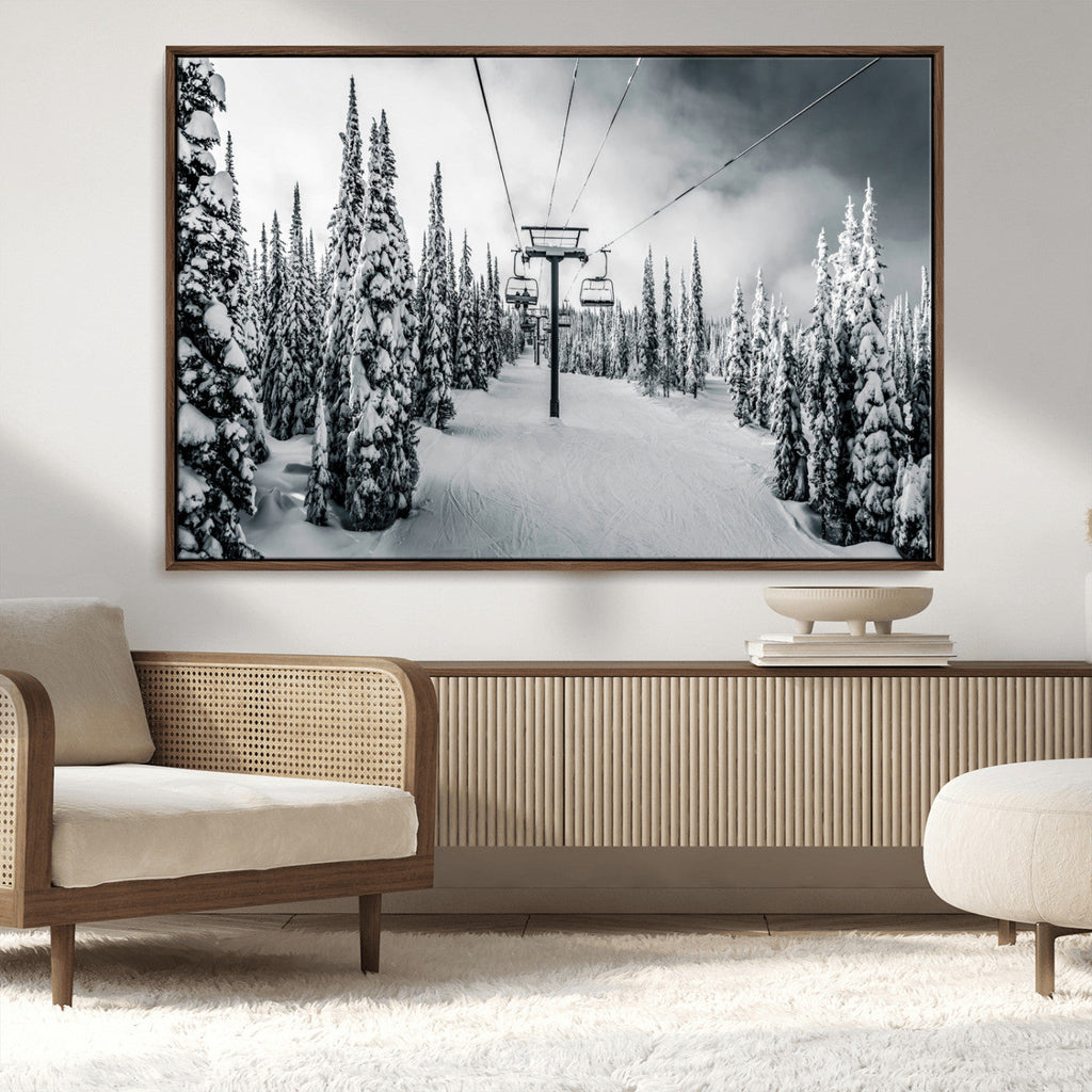 Snowy Pines Wall Art Canvas Print | Ski Lift in a Winter Forest