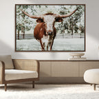 Texas Longhorn Wall Art Canvas Print | Framed Spotted Brown and White Bull