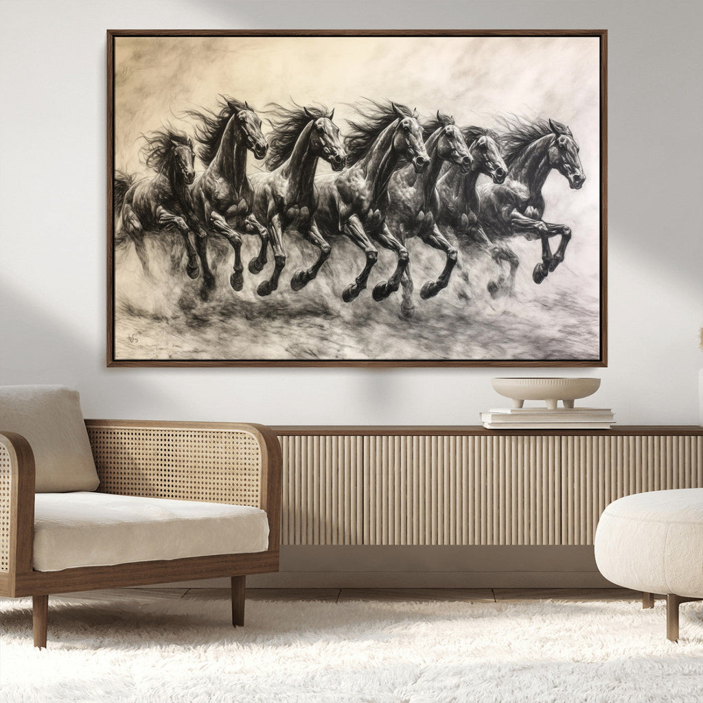 Running Horses Wall Art Canvas Print, Framed Monochrome Galloping Herd Sketch