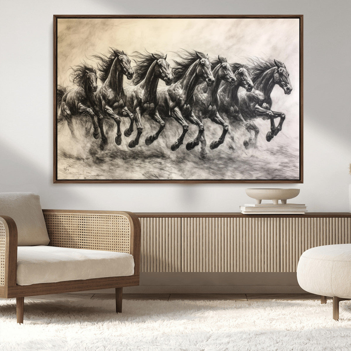 Running Horses Wall Art Canvas Print, Framed Monochrome Galloping Herd Sketch