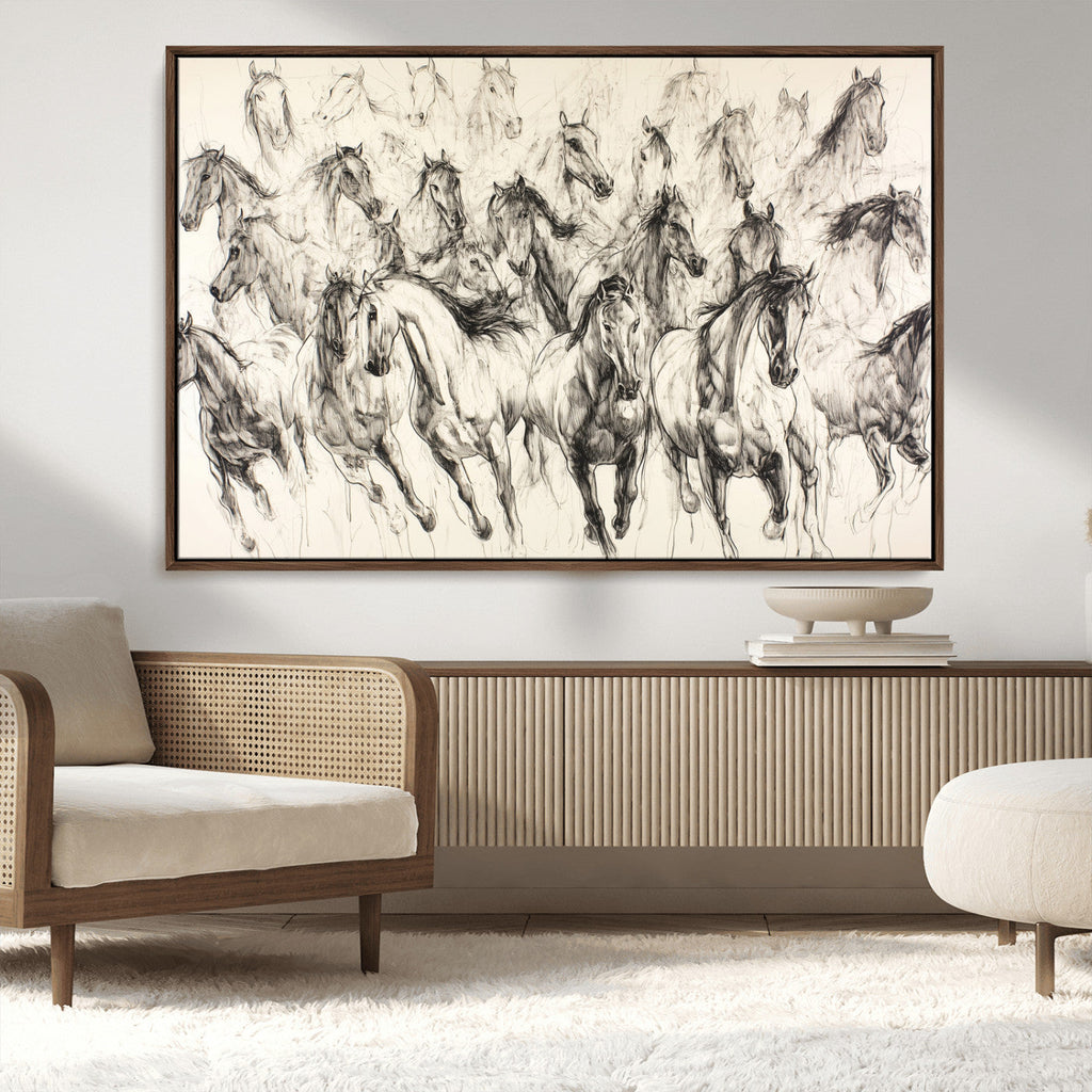 Abstract Horse Wall Art Canvas Print, Framed Horse Sketch with Galloping Herd