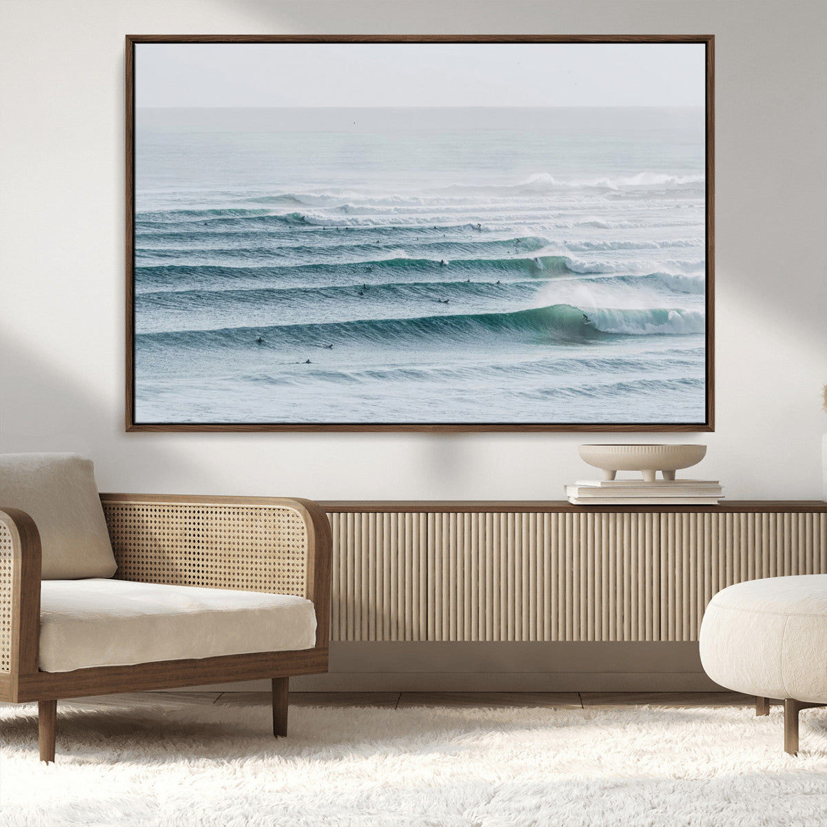 Ocean Waves Wall Art Canvas Print, Framed Surfer Lineup on a Crowded Ocean
