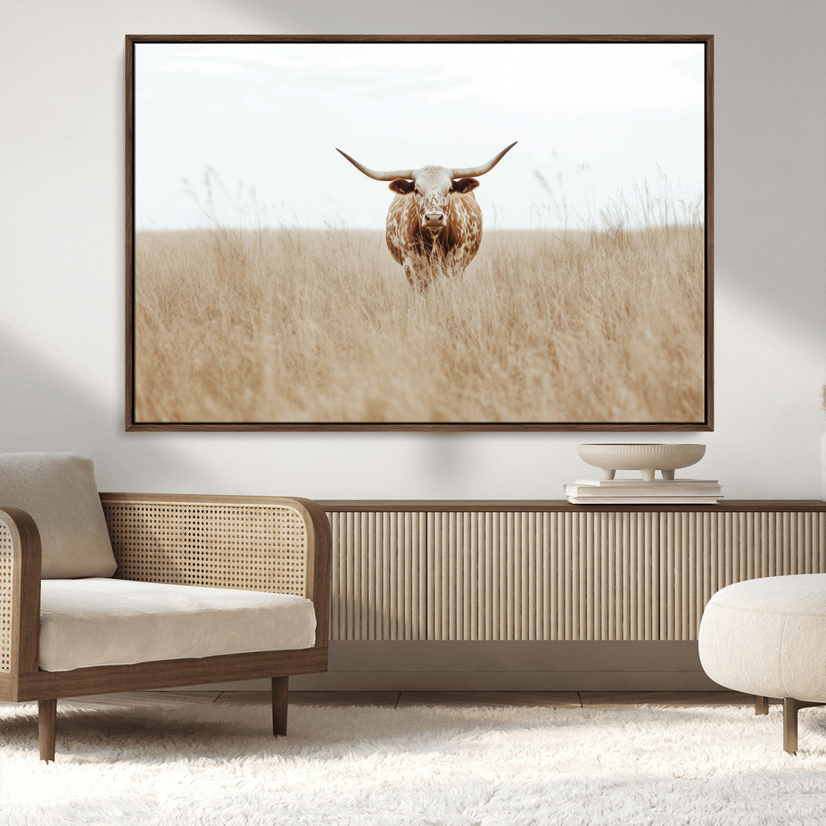 Texas Longhorn Wall Art Canvas Print, Framed Lone Cattle and Longhorn Bull Scene