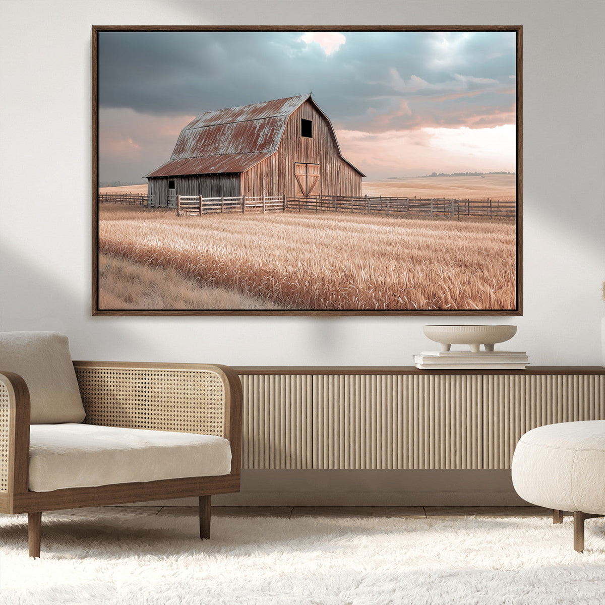 Rustic Barn Wall Art Canvas Print, Framed Wheat Field Scene